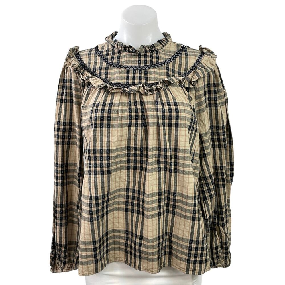 Tu Clothing Women's Beige Plaid Flannel Long Sleeve Ruffle Blouse Top Size 16